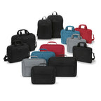 A group of computer and laptop bags in multiple colors, including black, blue, red, gray, and light gray, arranged on a plain white background.