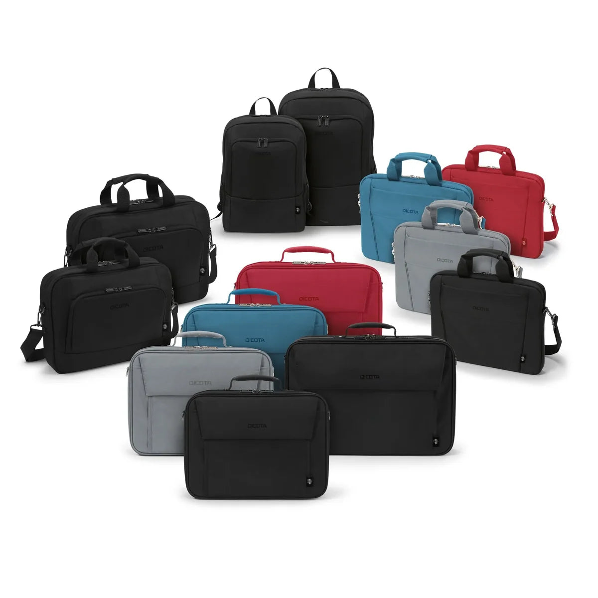 A group of computer and laptop bags in multiple colors, including black, blue, red, gray, and light gray, arranged on a plain white background.