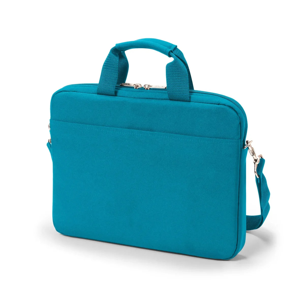 A bright teal blue laptop sleeve with a top handle, a detachable shoulder strap, and silver zipper hardware, shown on a plain white background.