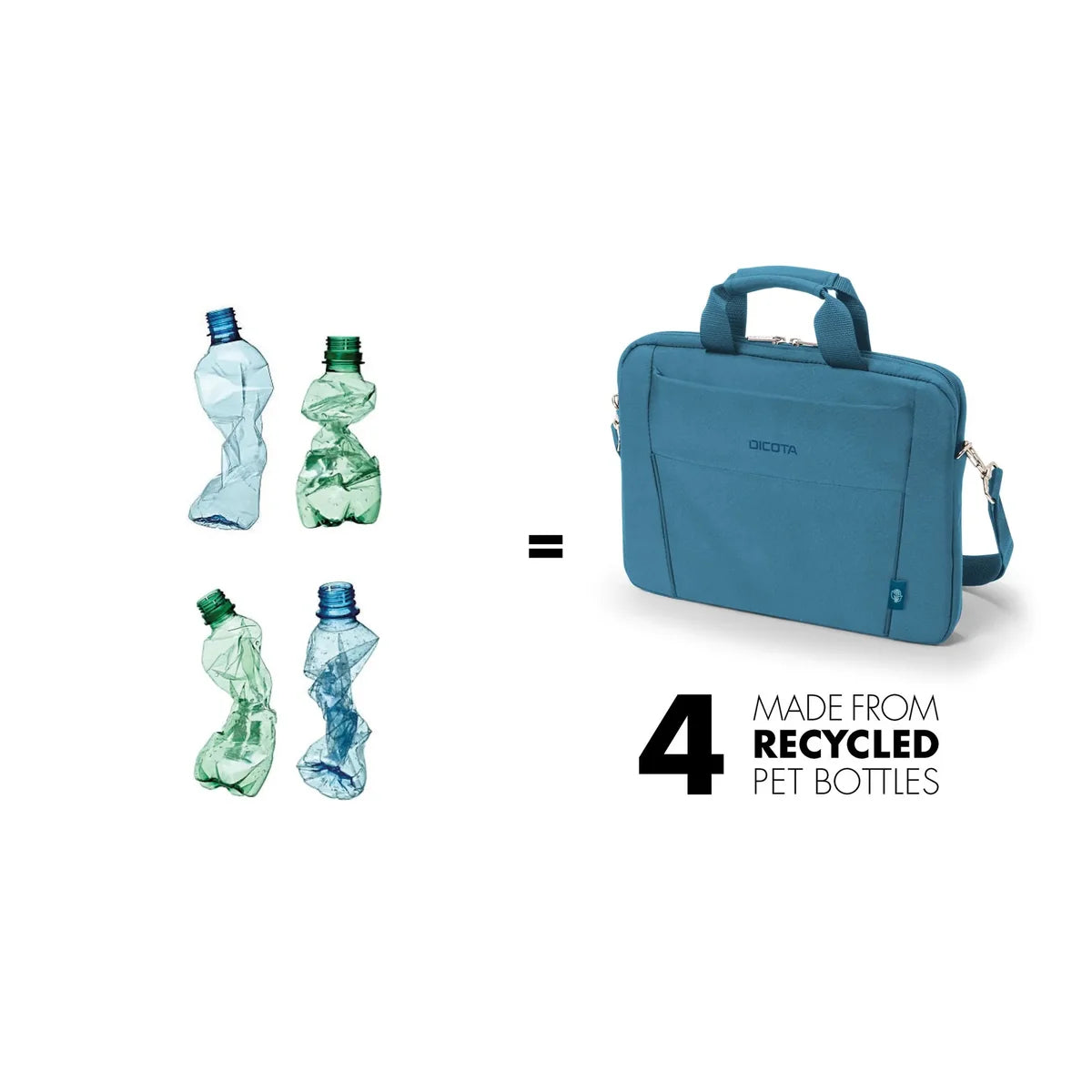 A blue laptop sleeve on a white background, shown next to four recycled plastic bottles and the text 'MADE FROM RECYCLED PET BottLES' with a large number 4.