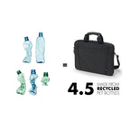 A black laptop bag shown on a white background next to recycled plastic bottles and text that reads 'MADE FROM RECYCLED PET BOTTLES' and '4.5'.