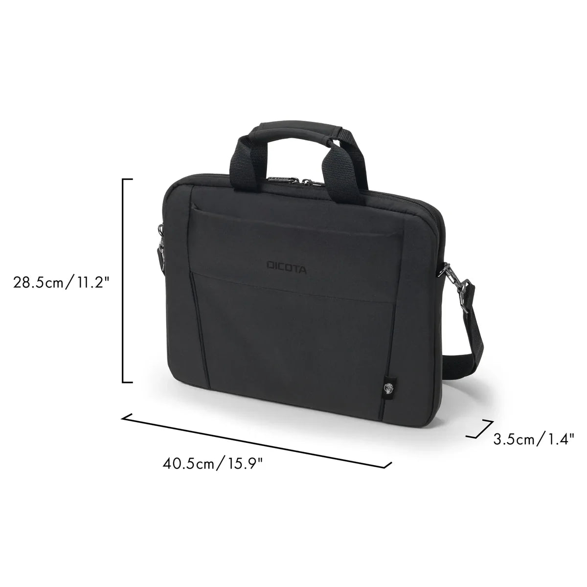 Black laptop bag with dimensions labeled: 27.5cm/10.
