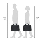 A black briefcase-style bag is shown in two side-profile human silhouettes to indicate height compatibility. The left silhouette is labeled 180 cm (5'11") and the right silhouette is labeled 170 cm (5'7").