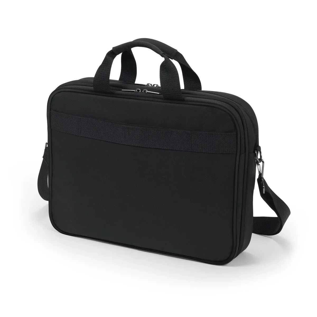 Black briefcase with shoulder strap on a white background