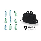 A black nylon laptop bag with a top handle and shoulder strap, shown next to a graphic of nine recycled plastic bottles in green and blue, with the text 'MADE FROM RECYCLED PET BOTTLES'.