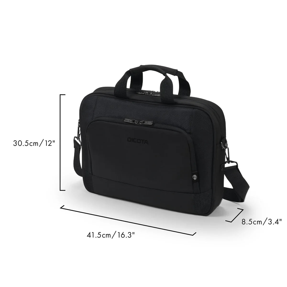 Black laptop briefcase with top handles and a shoulder strap, shown on a white background with dimension lines and measurements indicating 41.5cm length, 30.