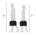 A black briefcase shown in two size comparison silhouettes, labeled 180 cm (5'11") on the left and 170 cm (5'7") on the right, on a white background.