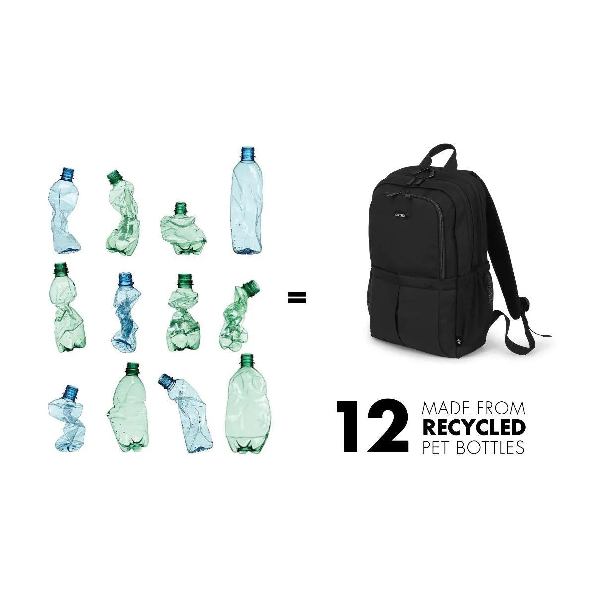 A black backpack shown next to a graphic of 12 crumpled translucent plastic bottles in green and blue, with text reading 'MADE FROM RECYCLED PET BOTTLES' on a white background.