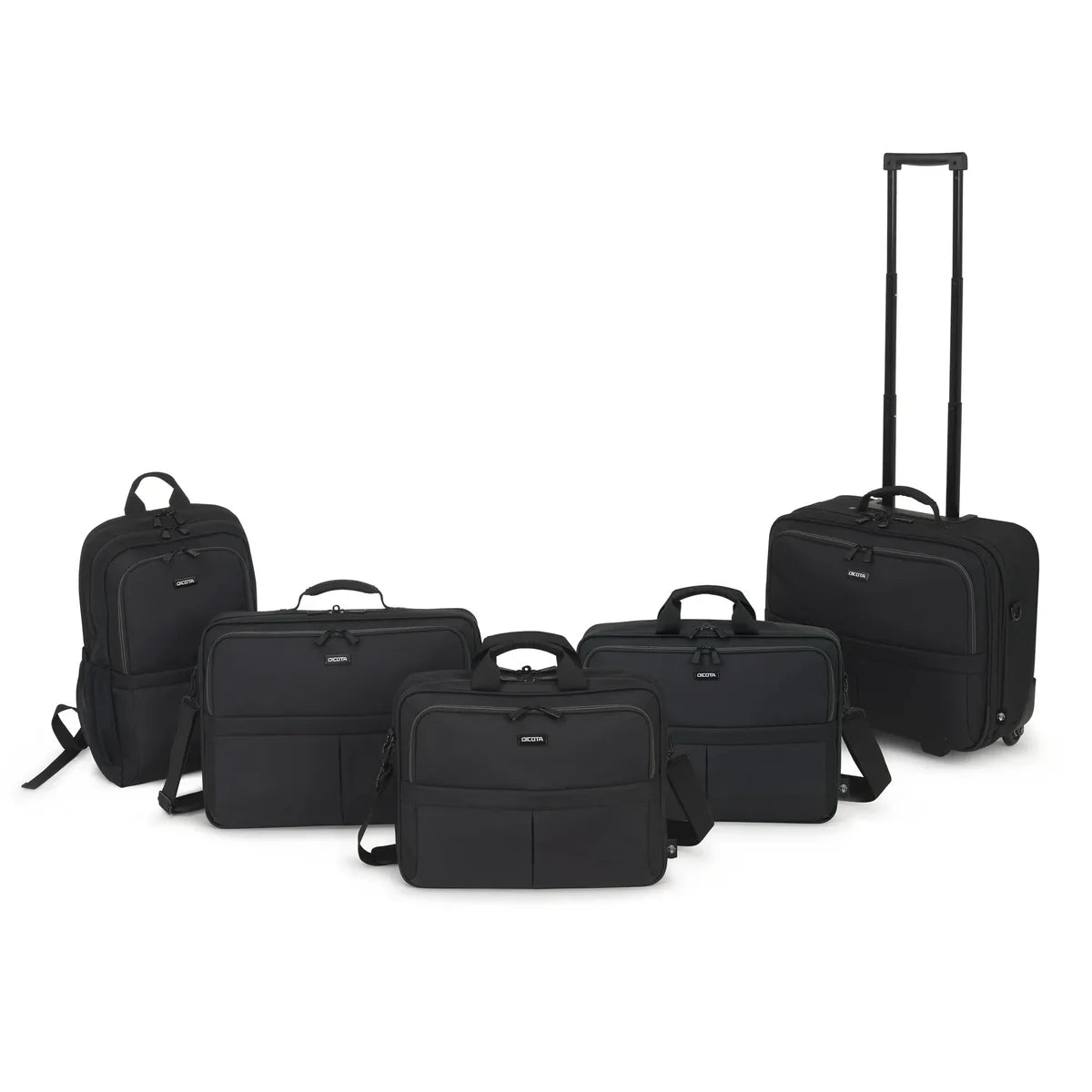 A 5-piece black luggage set including a rolling suitcase with an extended telescoping handle, a laptop backpack, a briefcase, a shoulder bag, and a laptop bag, arranged on a plain white background.