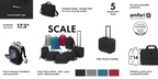A promotional infographic for a Decta brand rolling backpack, showing multiple views and features on a white background. The image includes a close-up of the customizable logo patch, the main black backpack with padded handles and shoulder belt, a scale comparison with other backpacks, a rattle model, storage capacity details, color swatches (black, blue-grey, red), and an amfori eco-vadis certification badge.