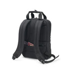 Black backpack with a pocket open on a white background