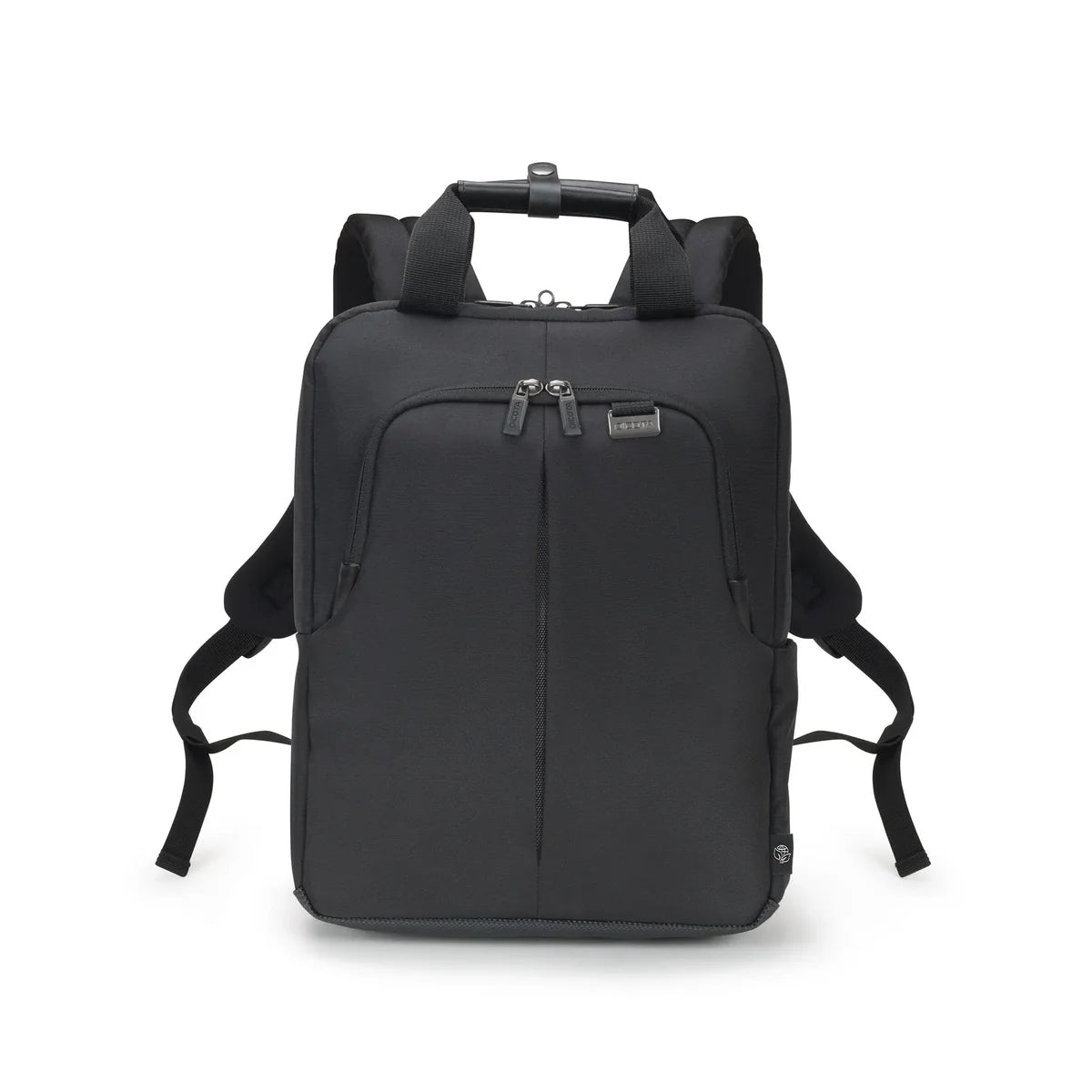 A black nylon backpack with dual top handles, a front zippered pocket, and adjustable shoulder straps, shown against a plain white background.