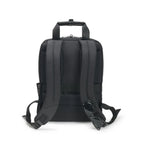 Black backpack shown from the back view on a clean white background, featuring padded shoulder straps, a top carry handle, side zipper pockets, and a small attached black strap or accessory at the lower right.