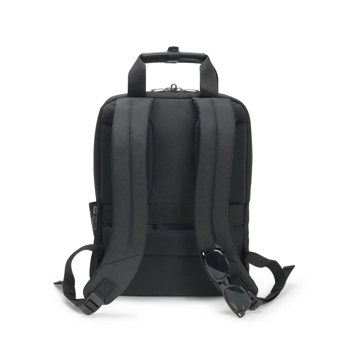 Black backpack shown from the back view on a clean white background, featuring padded shoulder straps, a top carry handle, side zipper pockets, and a small attached black strap or accessory at the lower right.