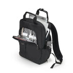 Black backpack with compartments and a water bottle on a white background