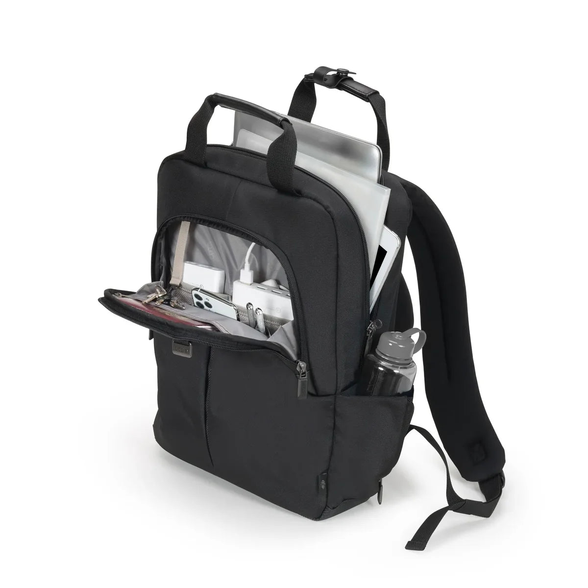 Black backpack with compartments and a water bottle on a white background