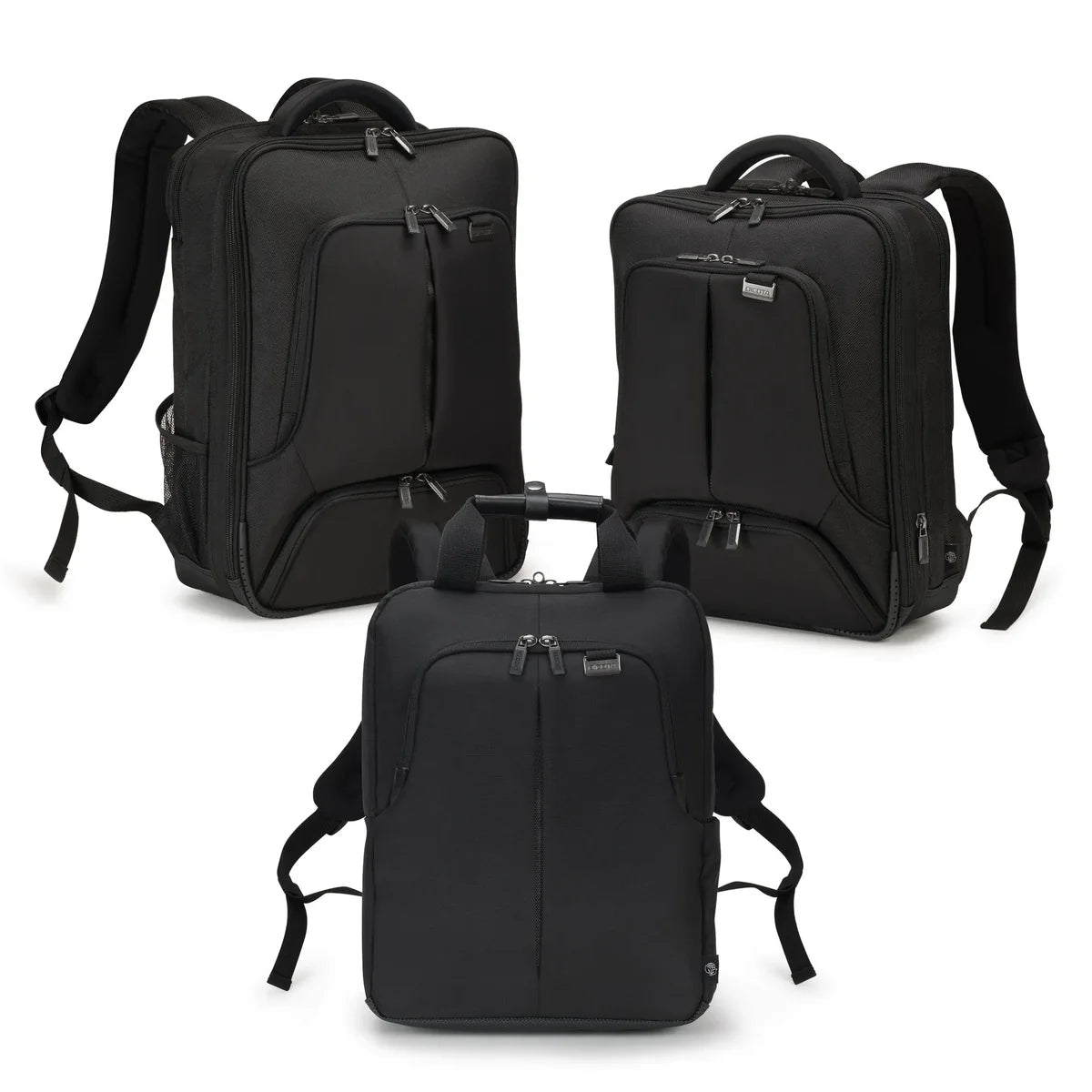 Three black backpacks shown on a clean white background, including two larger backpacks and one smaller backpack, each with top handles, shoulder straps, and front zip compartments.