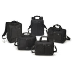 Five black business bags in different sizes arranged on a white studio background, including backpack, duffel, and satchel styles with top handles, side straps, and front zip compartments.