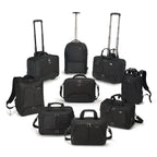 A set of black travel and laptop bags in various sizes, including rolling suitcases, backpacks, duffel bags, and briefcases, arranged on a plain white background.