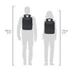 A black backpack shown on two gray human silhouettes to indicate height compatibility. The left figure is labeled 180 cm (5'11") and the right figure is labeled 170 cm (5'7") against a plain white background.
