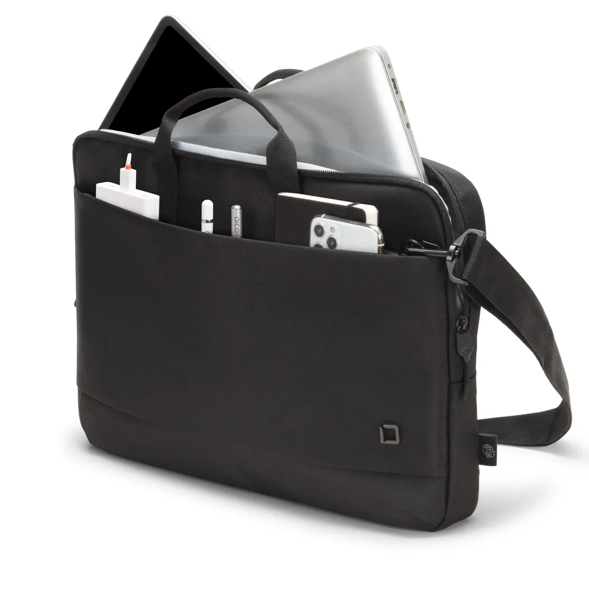 A black laptop and tablet messenger bag with a shoulder strap, shown with a silver laptop, tablet, and various accessories in its compartments against a white background.