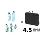 Black laptop bag made from recycled PET bottles with visual representation of bottles and text on a white background