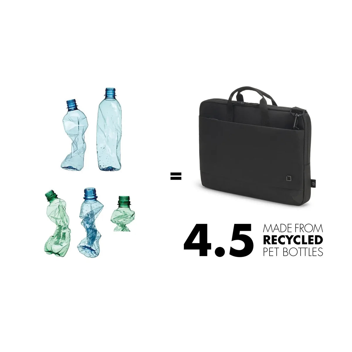 Black laptop bag made from recycled PET bottles with visual representation of bottles and text on a white background