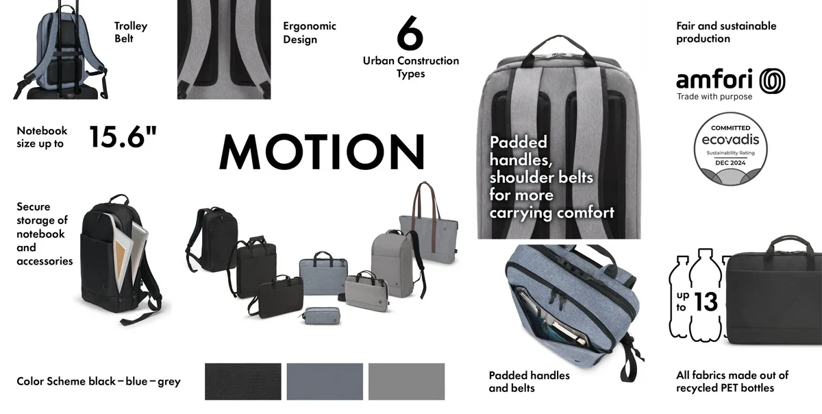 A promotional collage for the amori MOTION backpack, showing multiple views and color variants of the bag, including a front view, side view, and smaller matching bags. The layout includes text such as 'MOTION', 'Ergonomic Design', '6 Urban Construction Types', 'Padded handles, shoulder belts for more carrying comfort', 'Fair and sustainable production', 'amori', 'recycled PET bottles', and color swatches labeled black, blue, and grey.