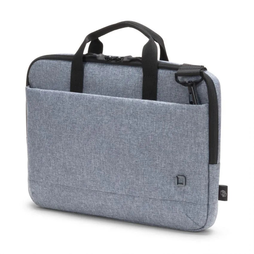 Gray laptop bag with black straps on a white background