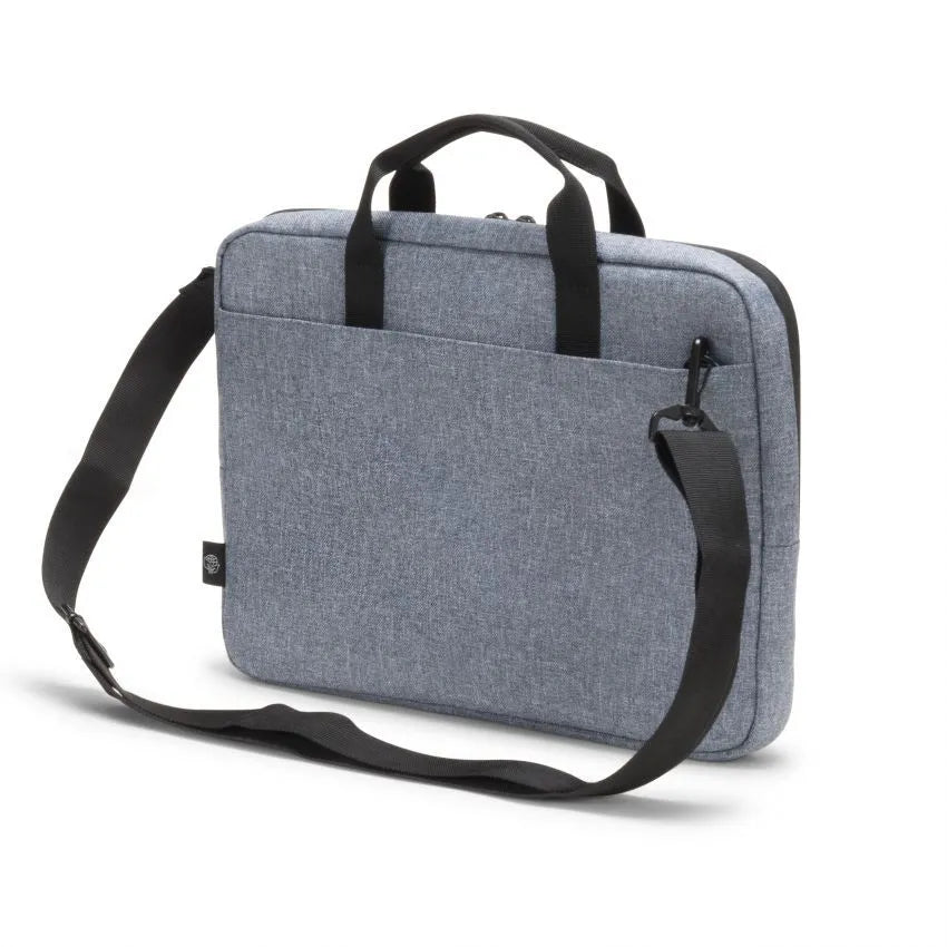 Gray laptop bag with black straps on a white background