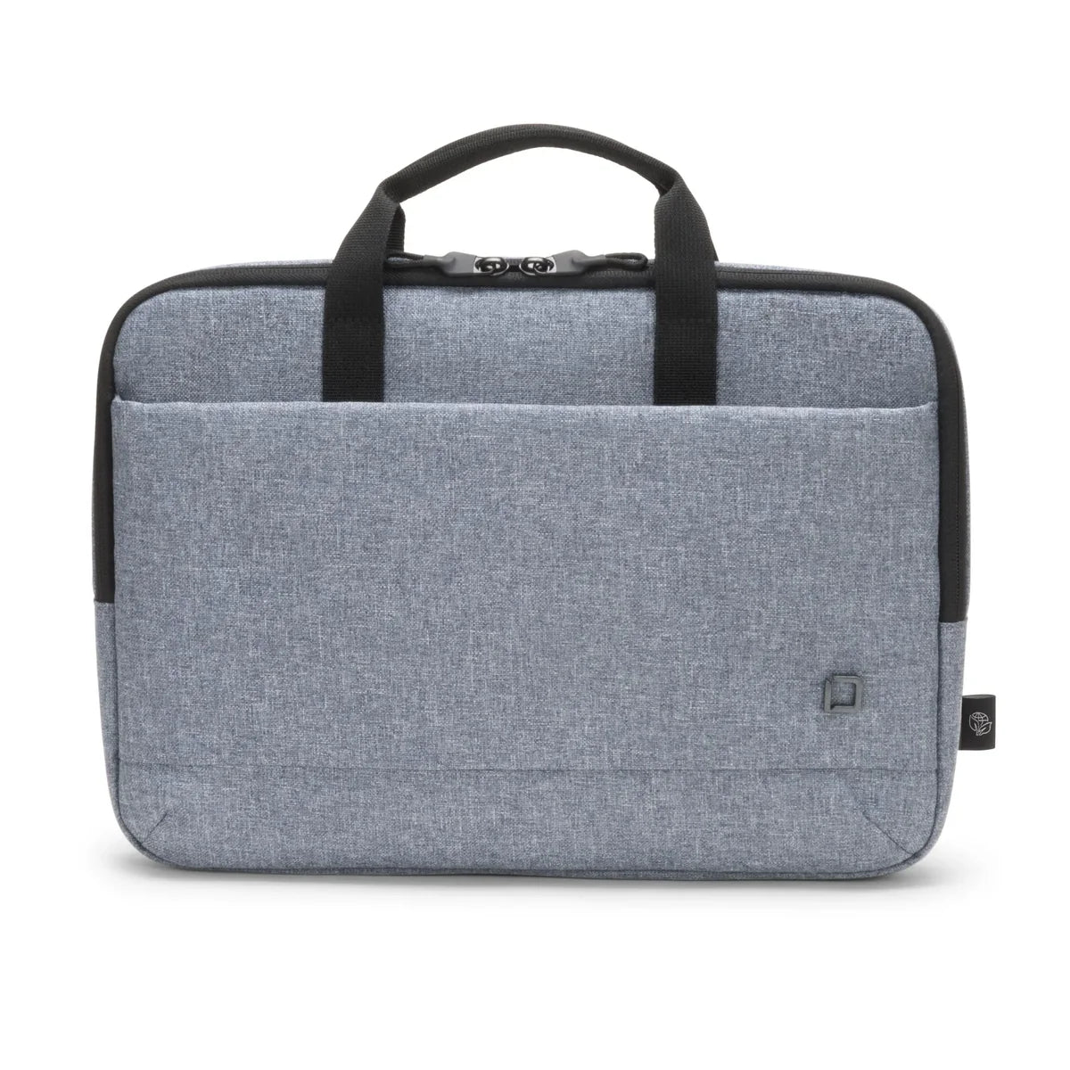 A gray heathered laptop sleeve with black handles and trim, shown from the front on a white background.