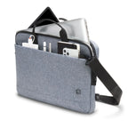Gray laptop bag with a shoulder strap containing electronic devices on a white background