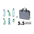 Gray laptop bag made from recycled PET bottles with recycling icons and text on a white background