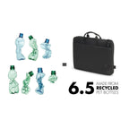 A black laptop sleeve or document bag shown on a white background next to recycled plastic bottles in blue and green, with text reading '= 6.5 MADE FROM RECYCLED PET BOTTLES'.