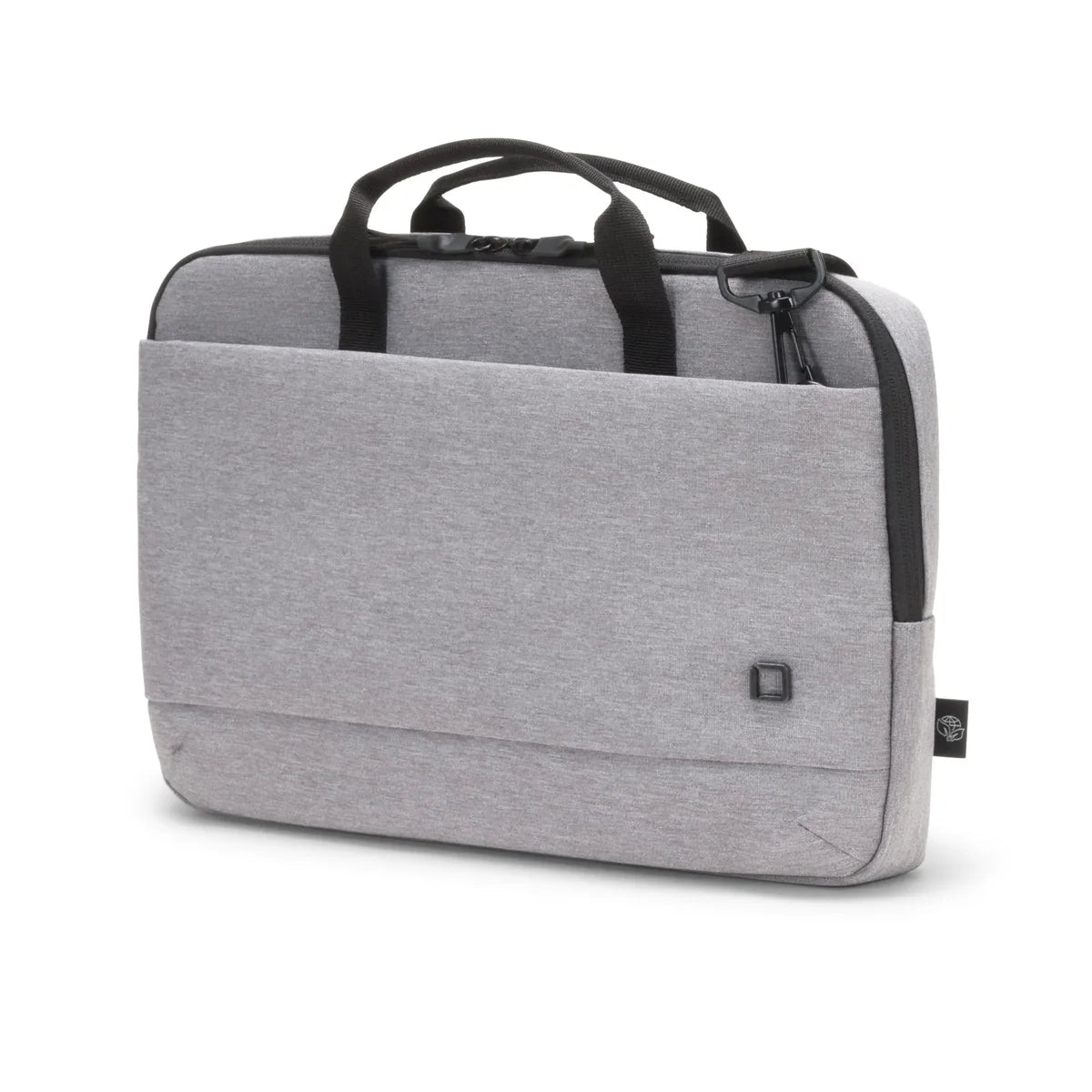 Gray laptop bag with black straps on a white background
