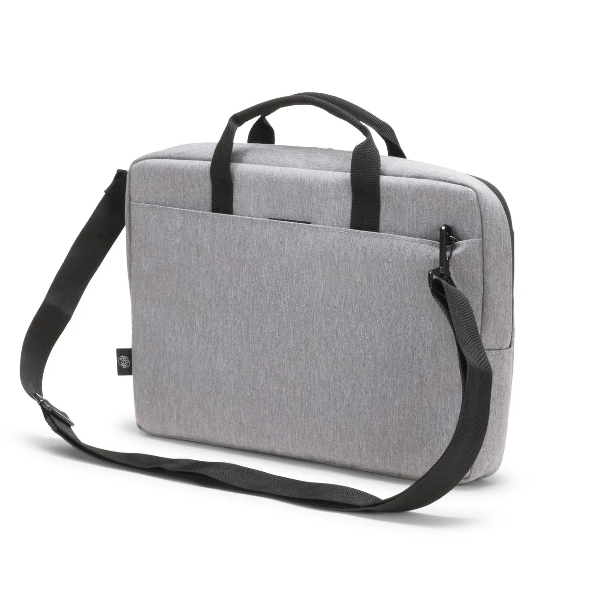 Gray laptop bag with black straps on a white background