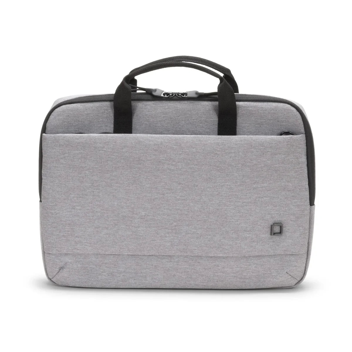 Gray laptop bag with black handles on a white background