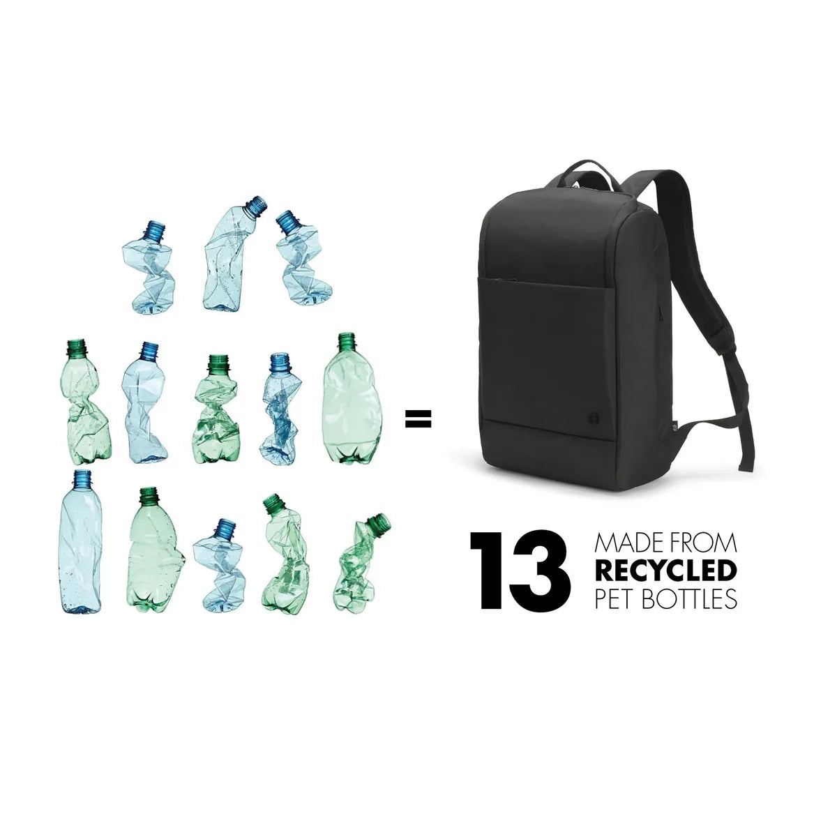 Black backpack made from recycled PET bottles with visual representation of bottles and text on a white background