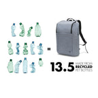 A gray fabric backpack with black straps is shown on a white background next to illustrated recycled plastic bottles and text reading '13.5 MADE FROM RECYCLED PET BOTTLES'.