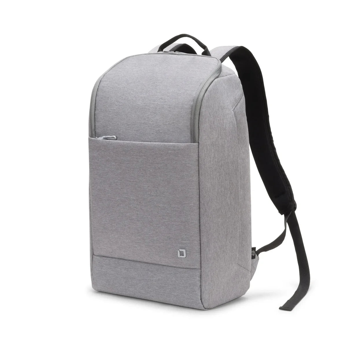 Gray backpack with a black strap on a white background
