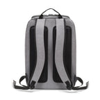 A gray and black backpack shown from the back, featuring dual vertical padded shoulder straps and black side panels, photographed on a clean white background.
