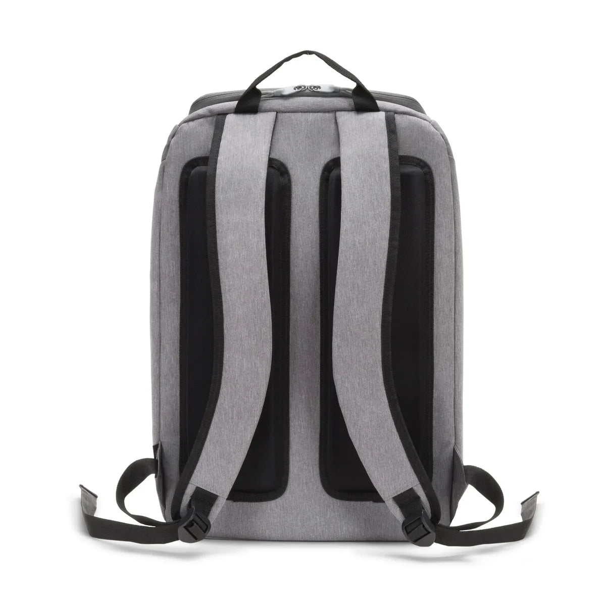 A gray and black backpack shown from the back, featuring dual vertical padded shoulder straps and black side panels, photographed on a clean white background.
