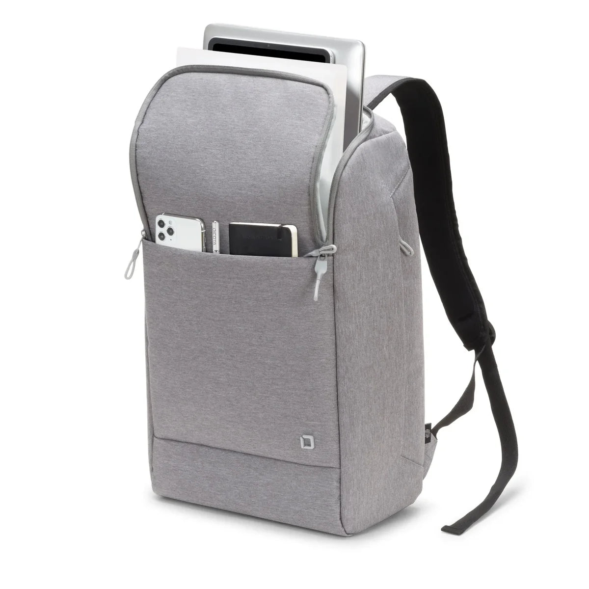 A light gray heathered backpack shown on a white background, filled with a silver laptop and holding a white smartphone and a black card in its front slip pocket. The backpack has black shoulder straps and a small square logo near the bottom front.