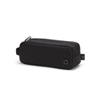 A black zippered pouch bag with a small square logo on the front and a side loop, photographed on a clean white background.