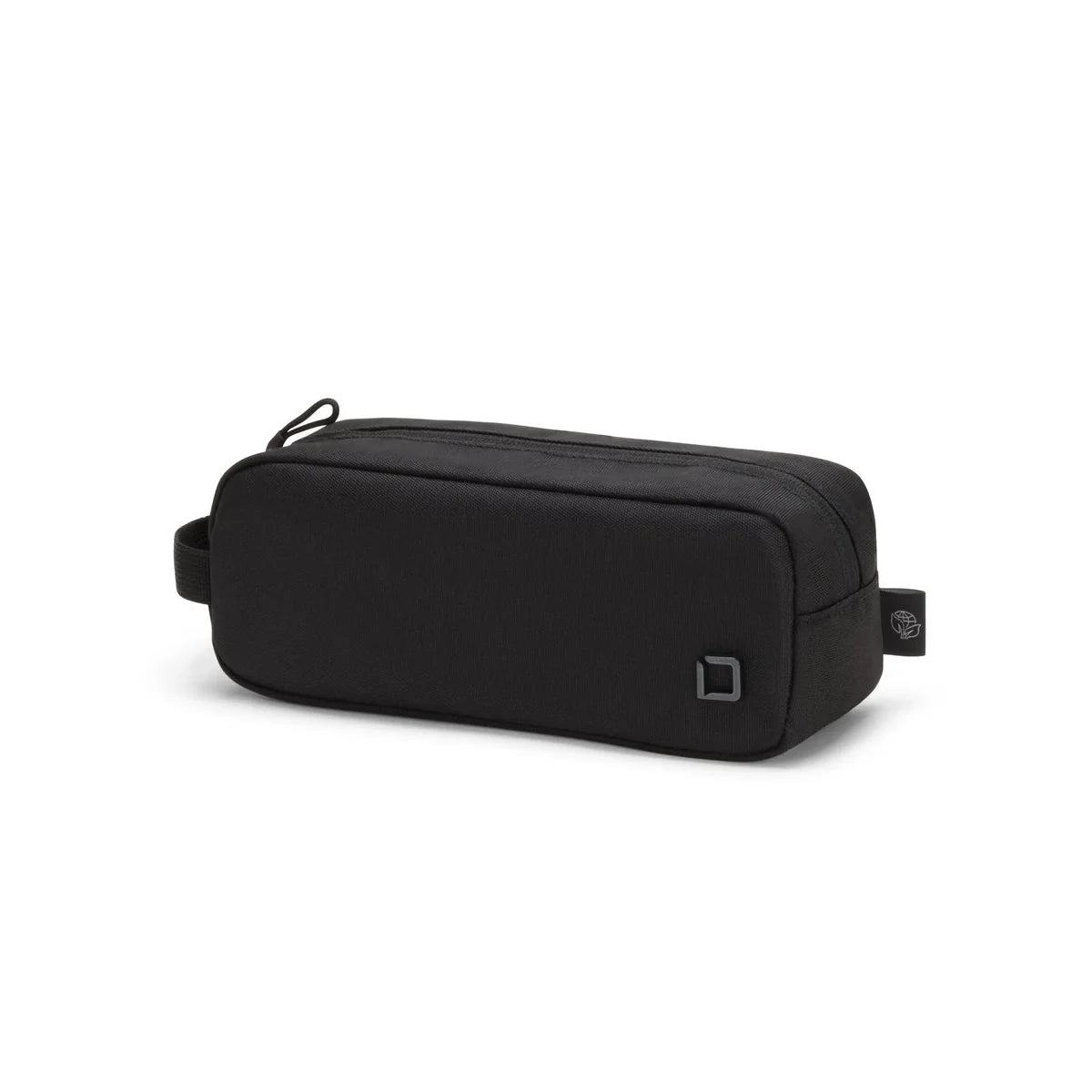 A black zippered pouch bag with a small square logo on the front and a side loop, photographed on a clean white background.