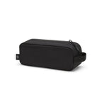A black rectangular zippered pouch with a side webbing loop and a small circular logo tab on the side, photographed on a clean white background.