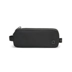 A black rectangular zippered pouch with a small square logo on the front and a side loop, photographed on a clean white background.