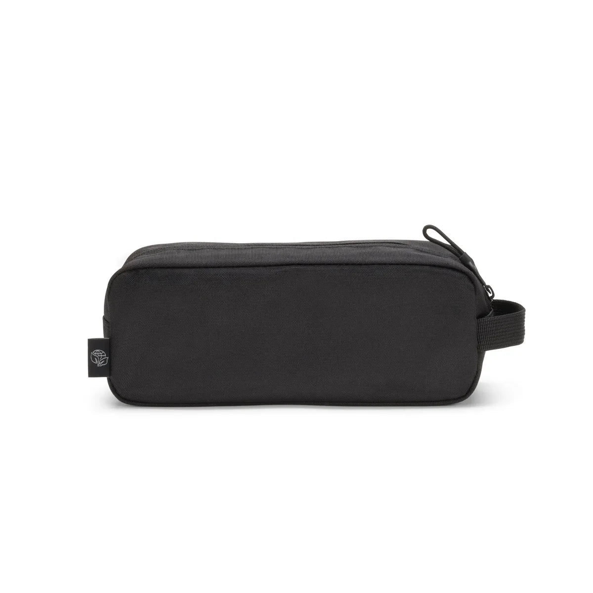 A black rectangular zippered pouch with a small black strap and a small circular logo tag on the left side, shown against a plain white background.