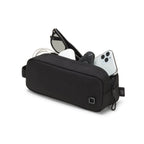 A black fabric travel pouch shown on a white background, filled with sunglasses, a white phone, a white cable, and a black earbud case.