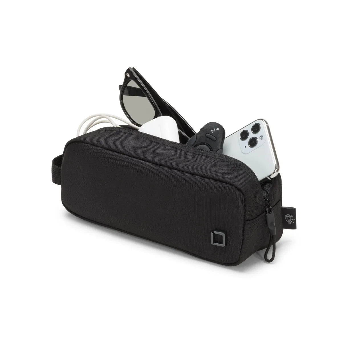 A black fabric travel pouch shown on a white background, filled with sunglasses, a white phone, a white cable, and a black earbud case.